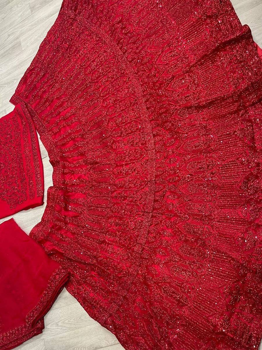 Red embroidered lehenga choli with sequin detailing, perfect for Indian ethnic wear occasions