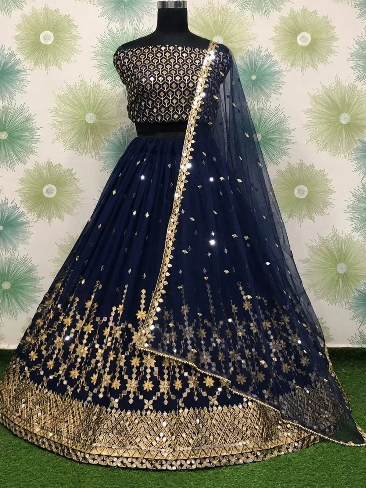 Navy blue lehenga choli with gold mirror work and net dupatta, Indian ethnic wear