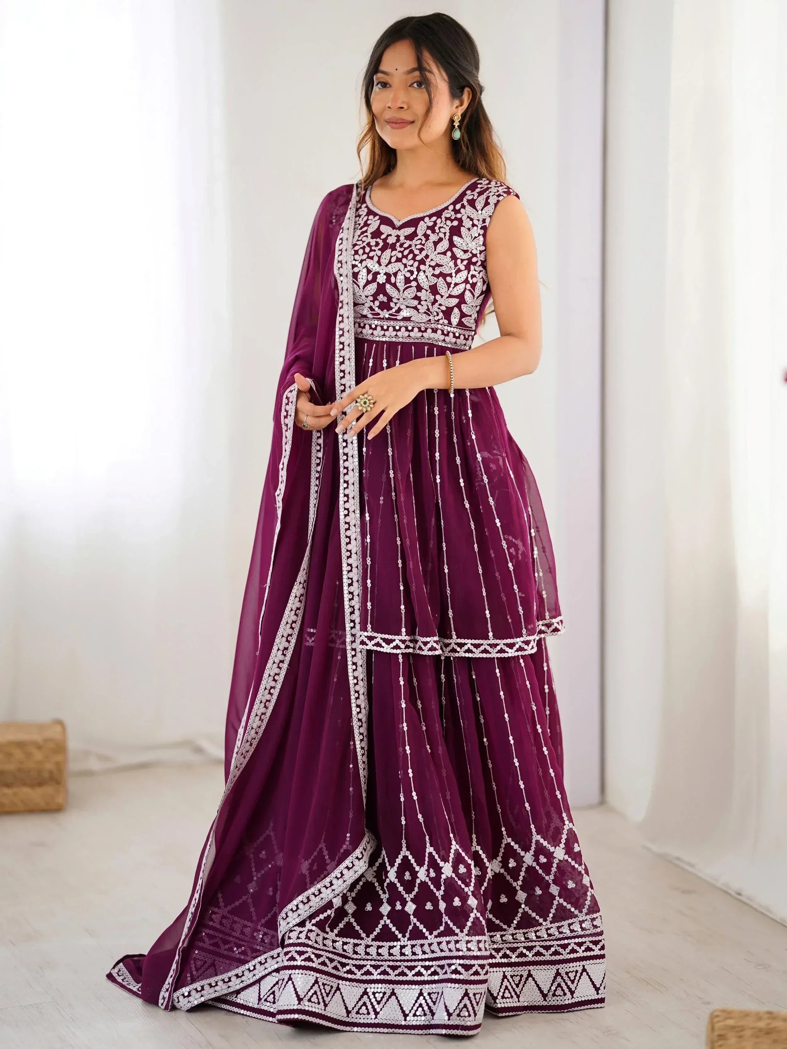 Purple embroidered anarkali suit with silver detailing, perfect for Indian ethnic wear occasions