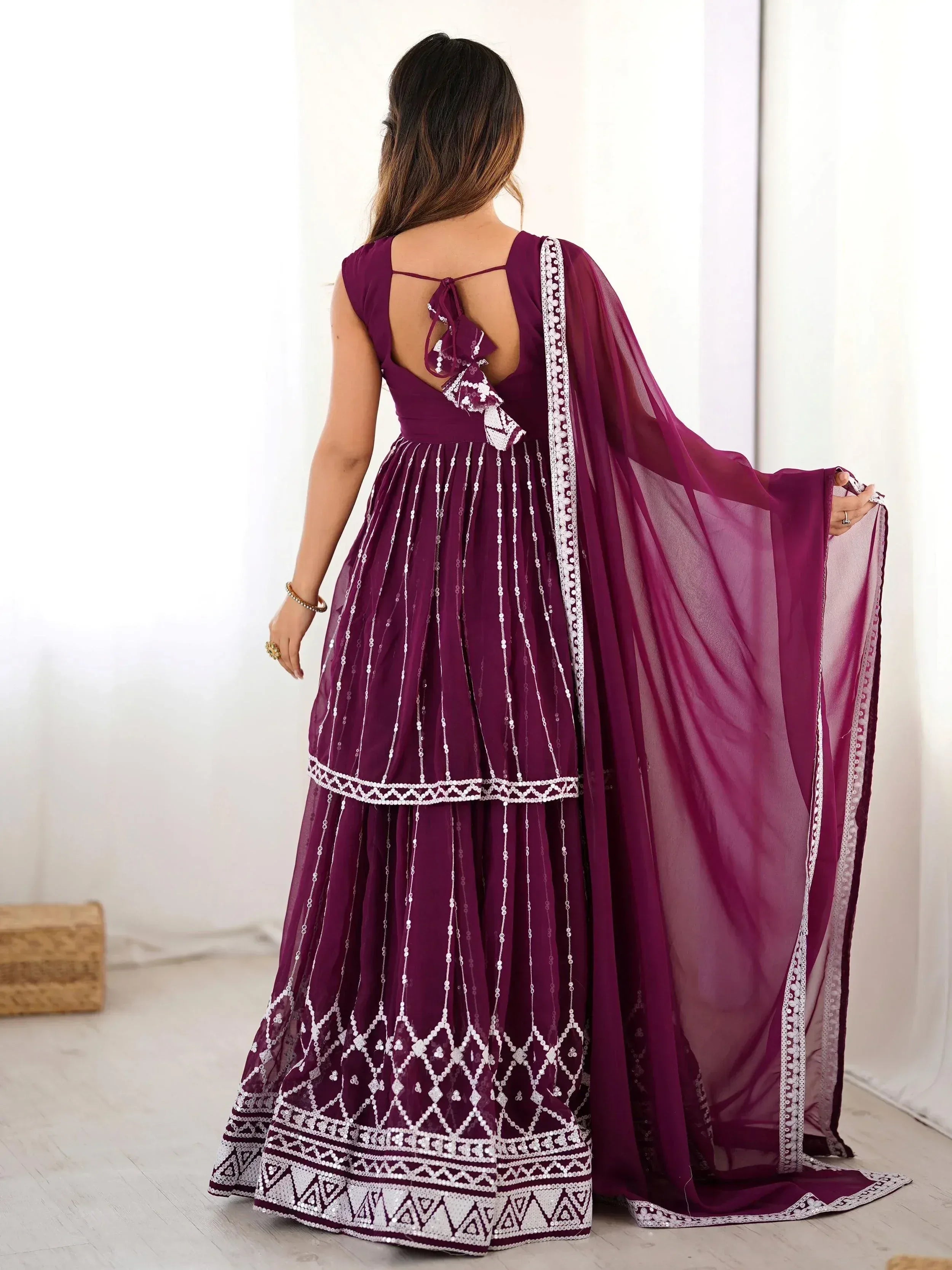 Purple ethnic anarkali gown with white sequin embroidery and sheer dupatta, back view
