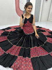 Amazing Black Cotton Ajarakh Printed Navratri Wear Lehenga Choli