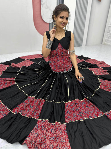 Amazing Black Cotton Ajarakh Printed Navratri Wear Lehenga Choli
