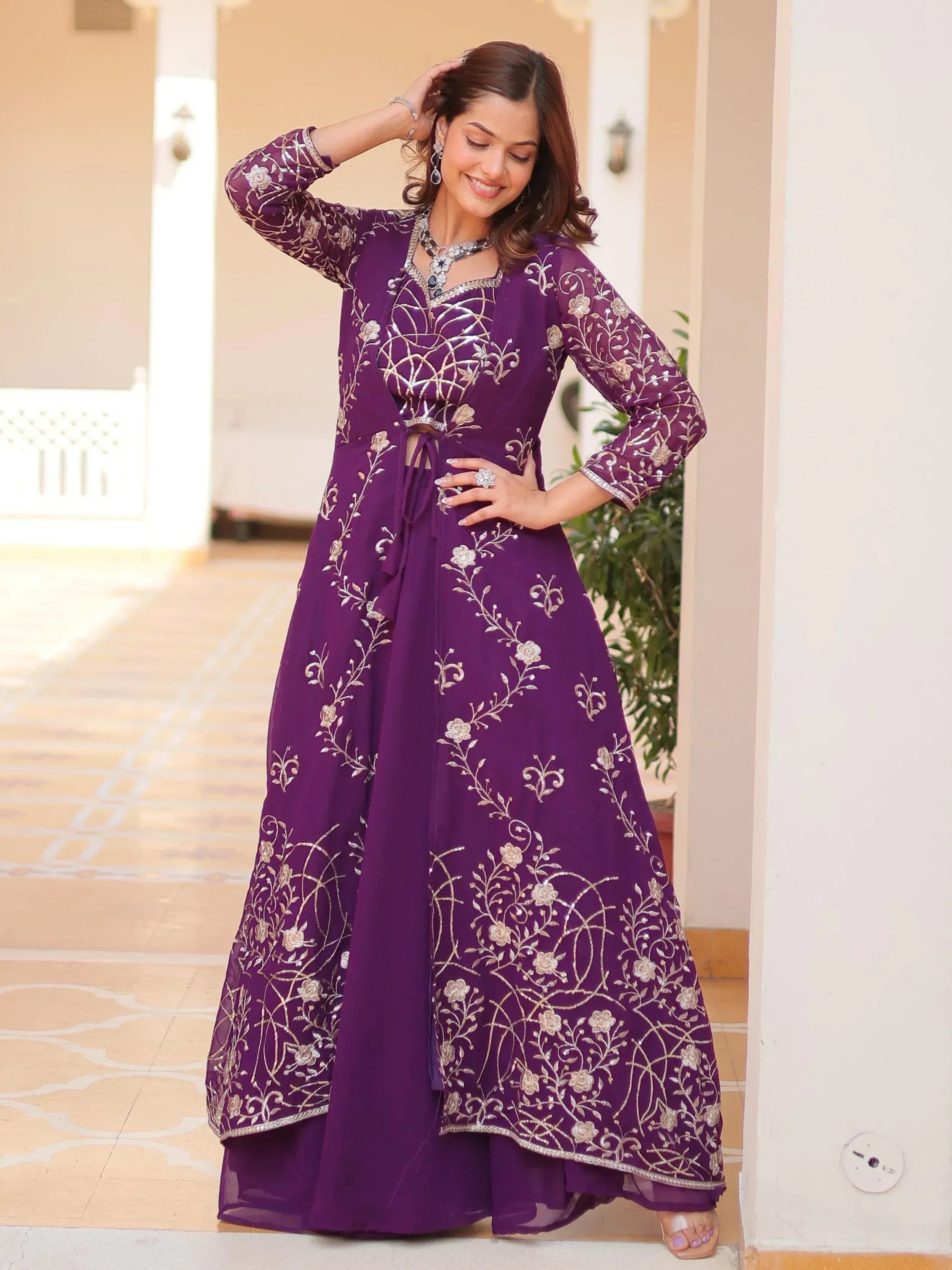 Purple embroidered anarkali suit with gold floral work, perfect for Indian ethnic wear occasions