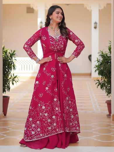 Mesmerizing Pink Georgette Sequins Embroidered Palazzo Suit With Shrug