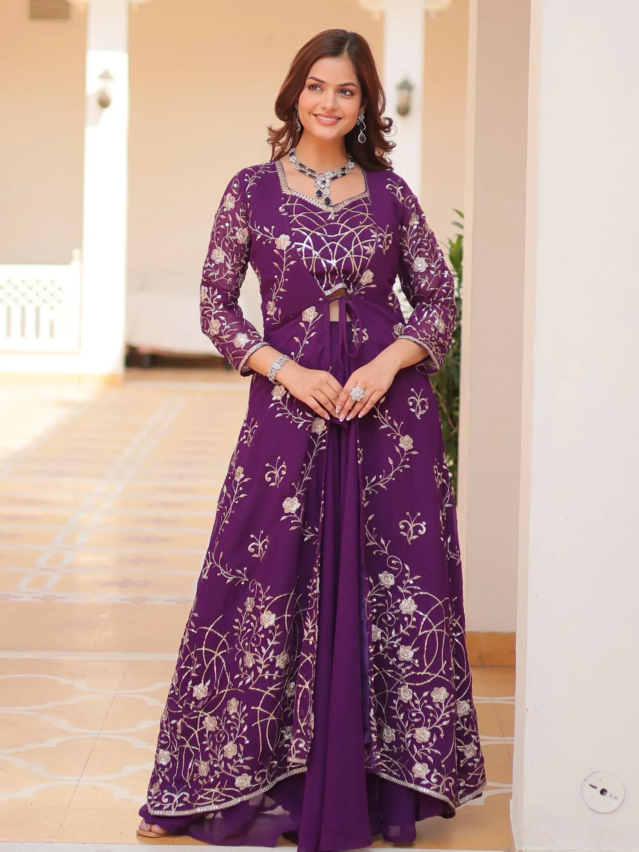 Purple floral embroidered anarkali suit with gold thread work, perfect for Indian ethnic wear occasions