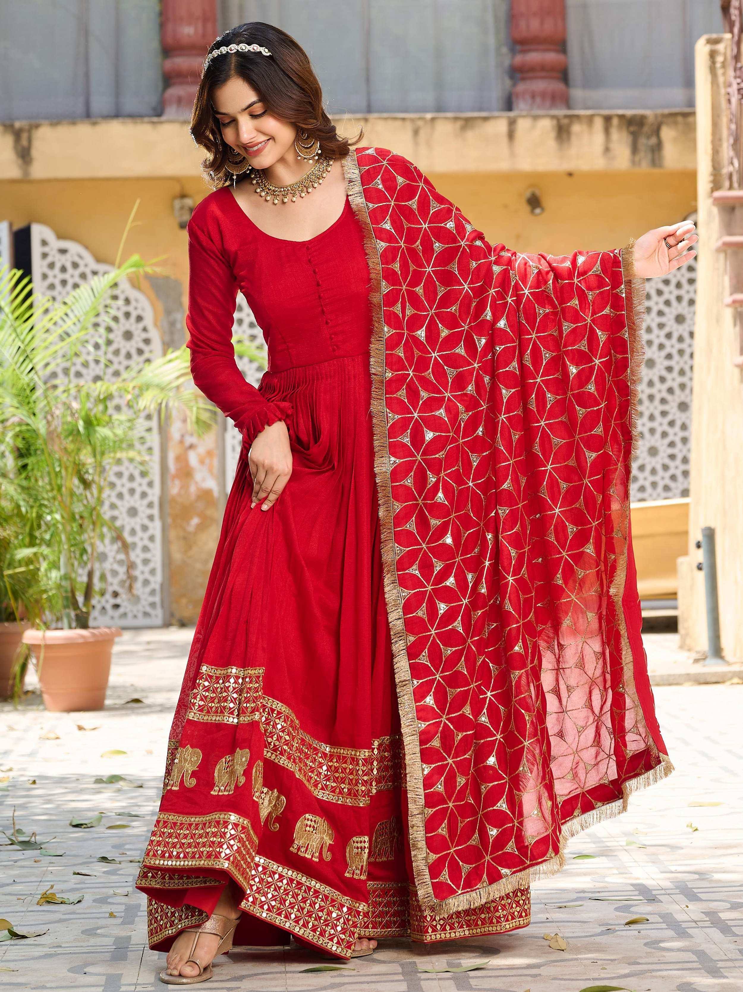 Red ethnic anarkali with gold elephant embroidery and matching dupatta, perfect for Indian occasions