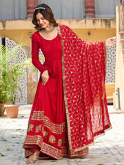 Marvelous Red Vichitra Silk Sequins Function Wear Gown With Dupatta