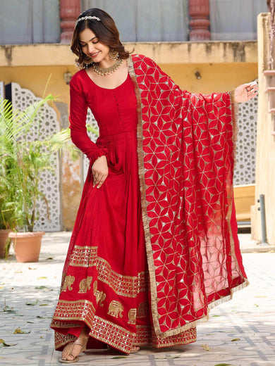 Marvelous Red Vichitra Silk Sequins Function Wear Gown With Dupatta