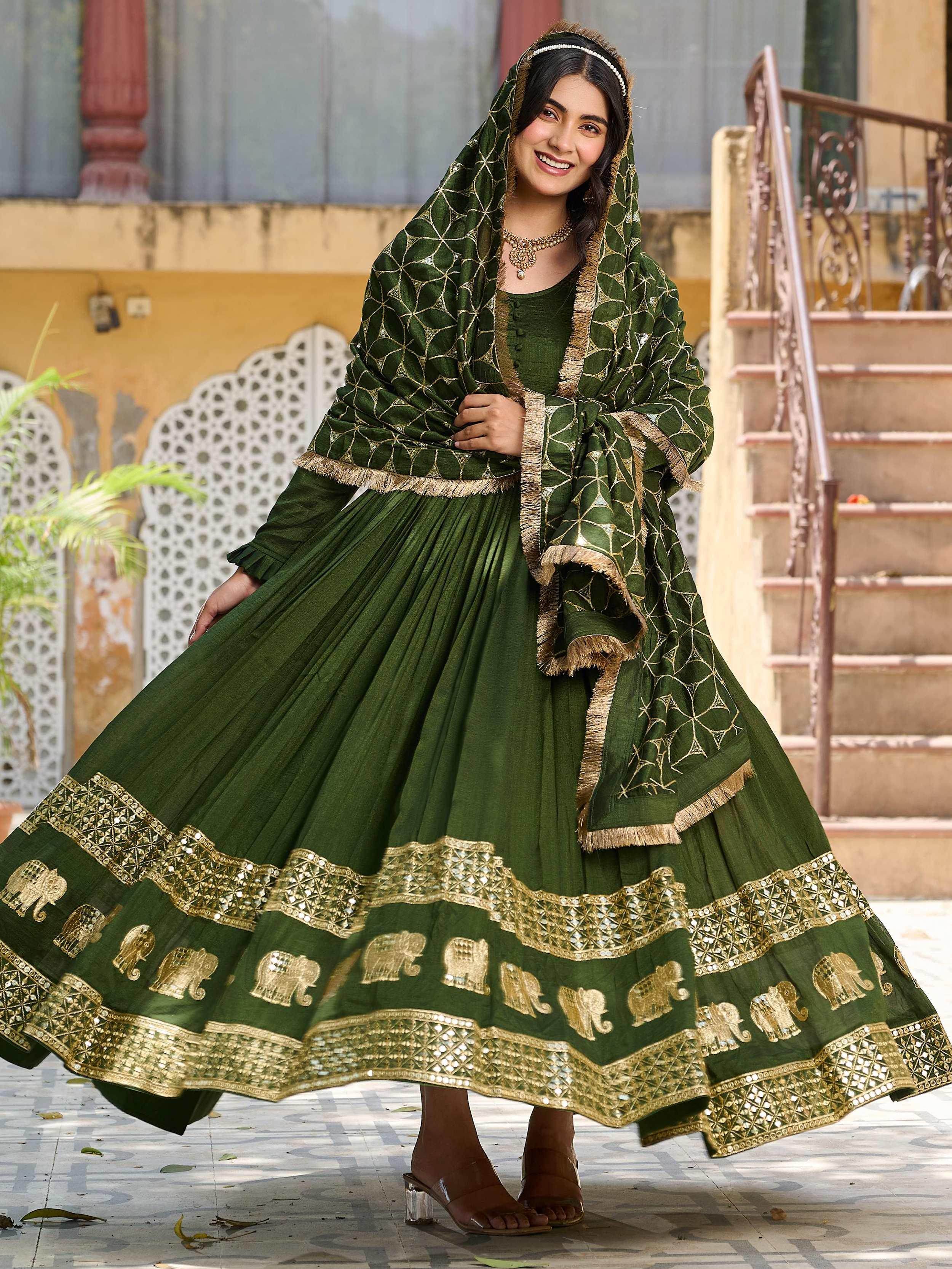 Artistic Green Silk Sequins Mehendi Wear Gown With Dupatta