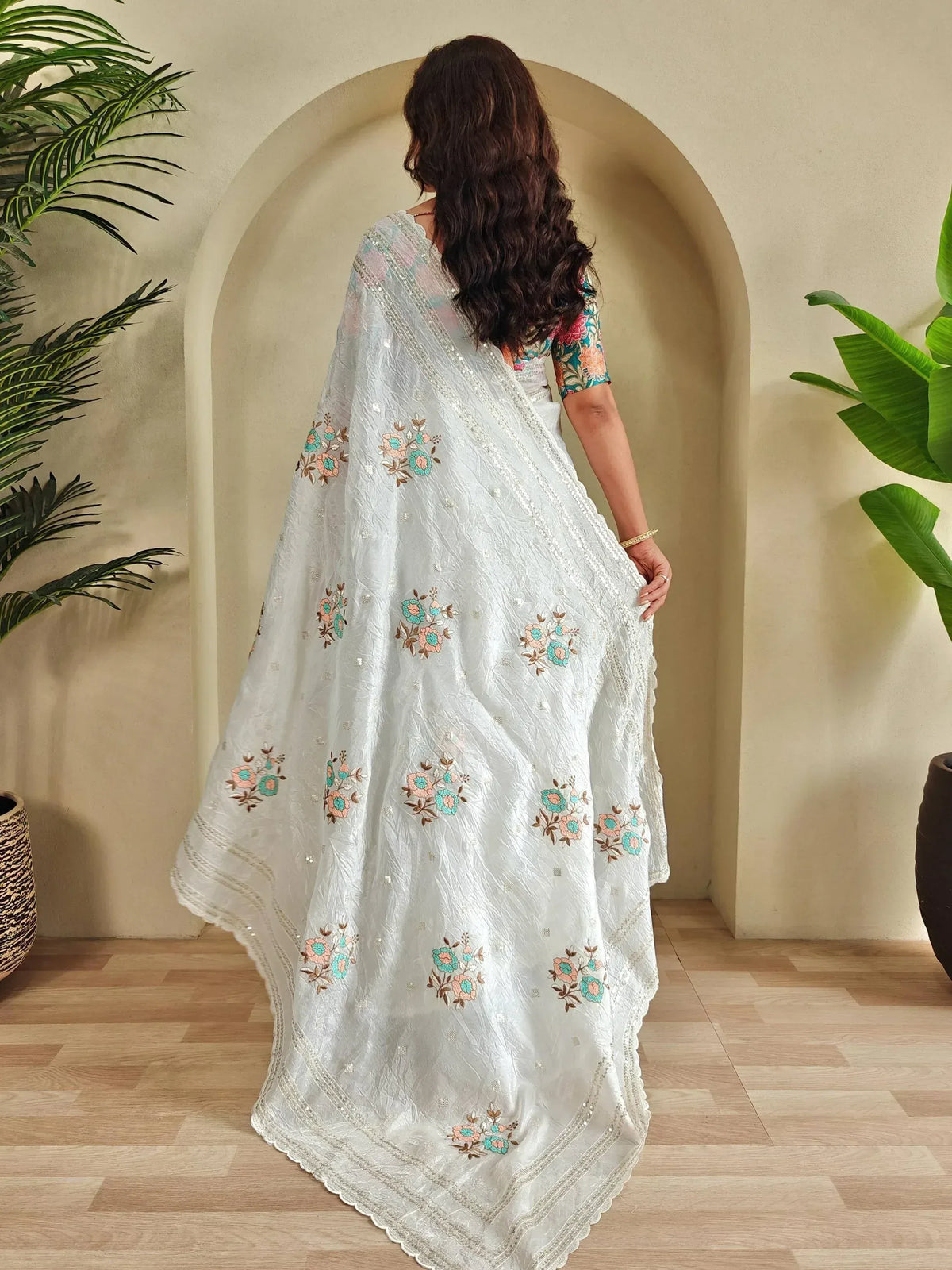 White floral embroidered saree with colorful blouse, ethnic Indian wear for women