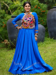 Dazzling Royal Blue Rayon Patch Work Navratri Wear Crop Top Lehenga