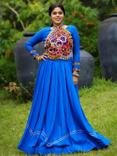 Dazzling Royal Blue Rayon Patch Work Navratri Wear Crop Top Lehenga