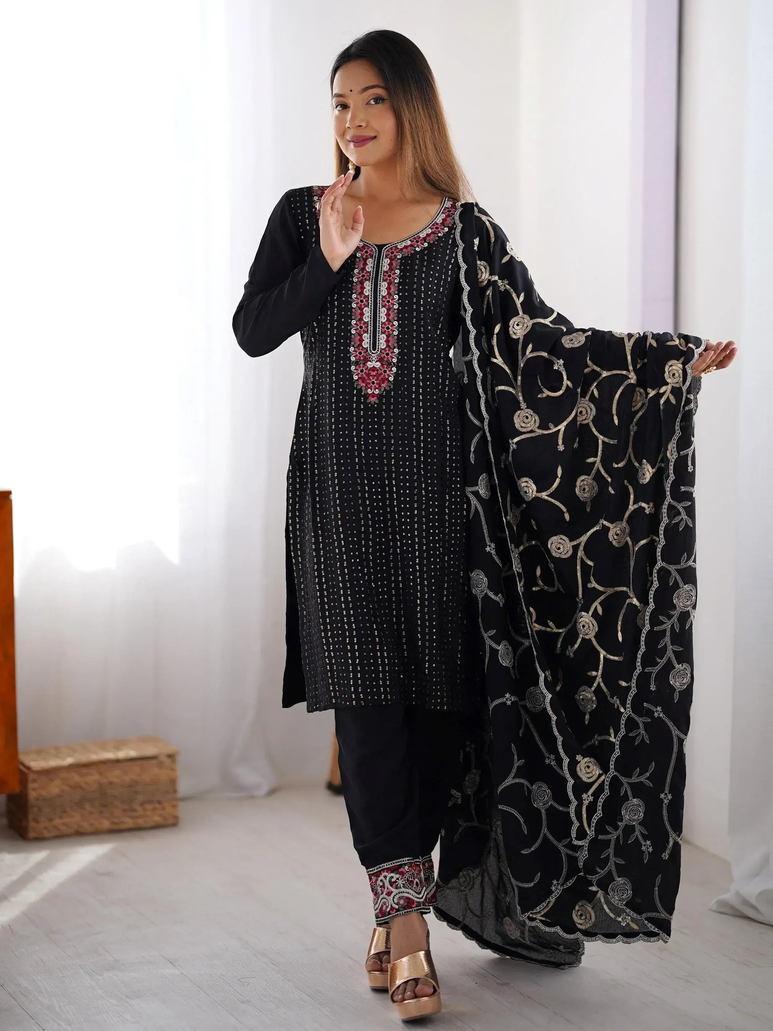 Black embroidered salwar kameez with floral dupatta, Indian ethnic wear for women