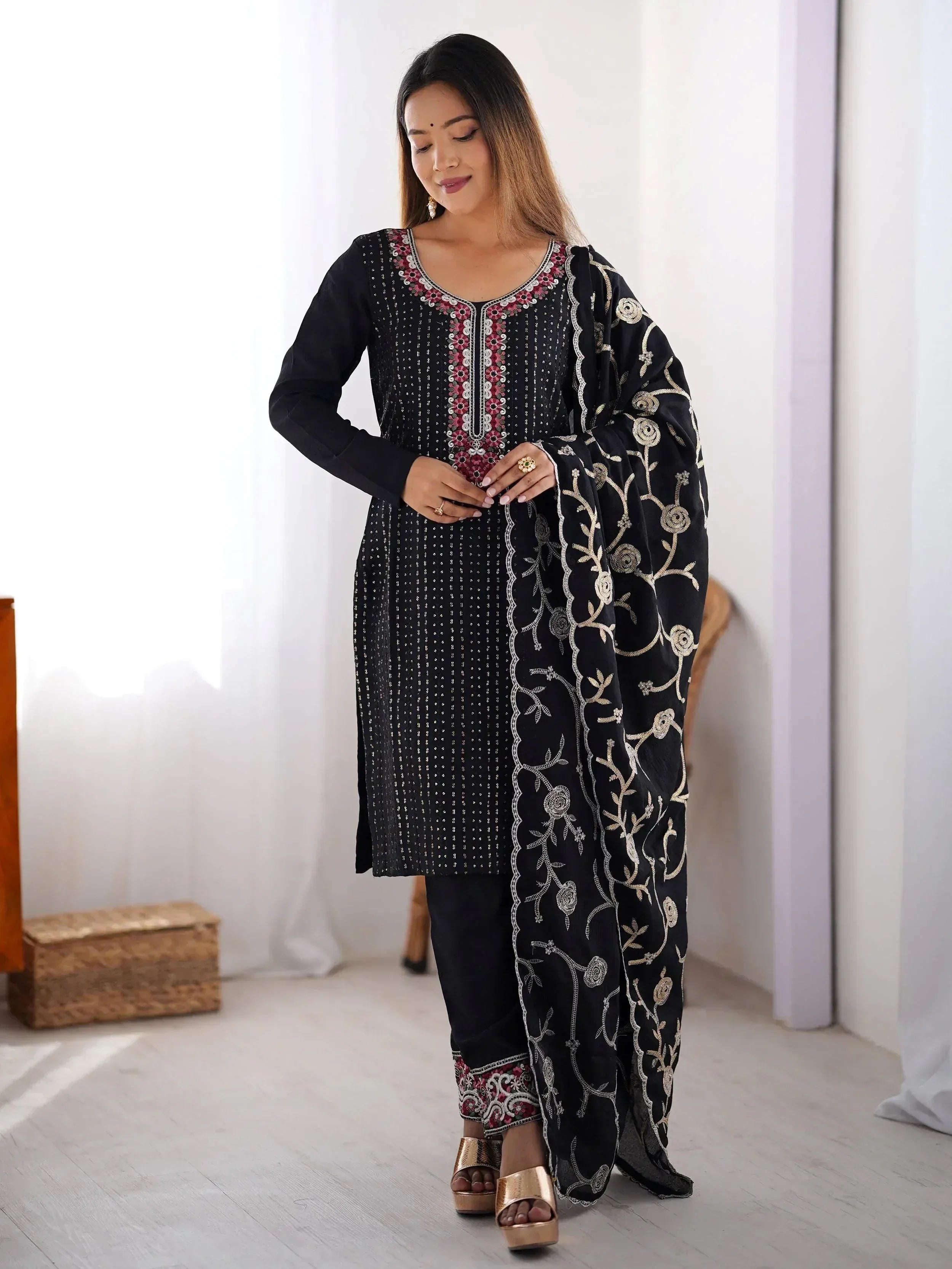 Black embroidered salwar kameez with floral dupatta, Indian ethnic wear for women