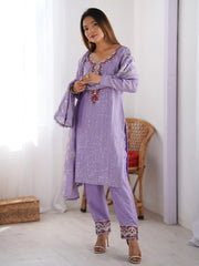 Pretty Lavender Chinon Sequins Festival Wear Straight Suit