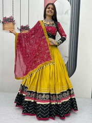 Stunning Yellow Cotton Thread Embroidered Lehenga Choli With Dupatta