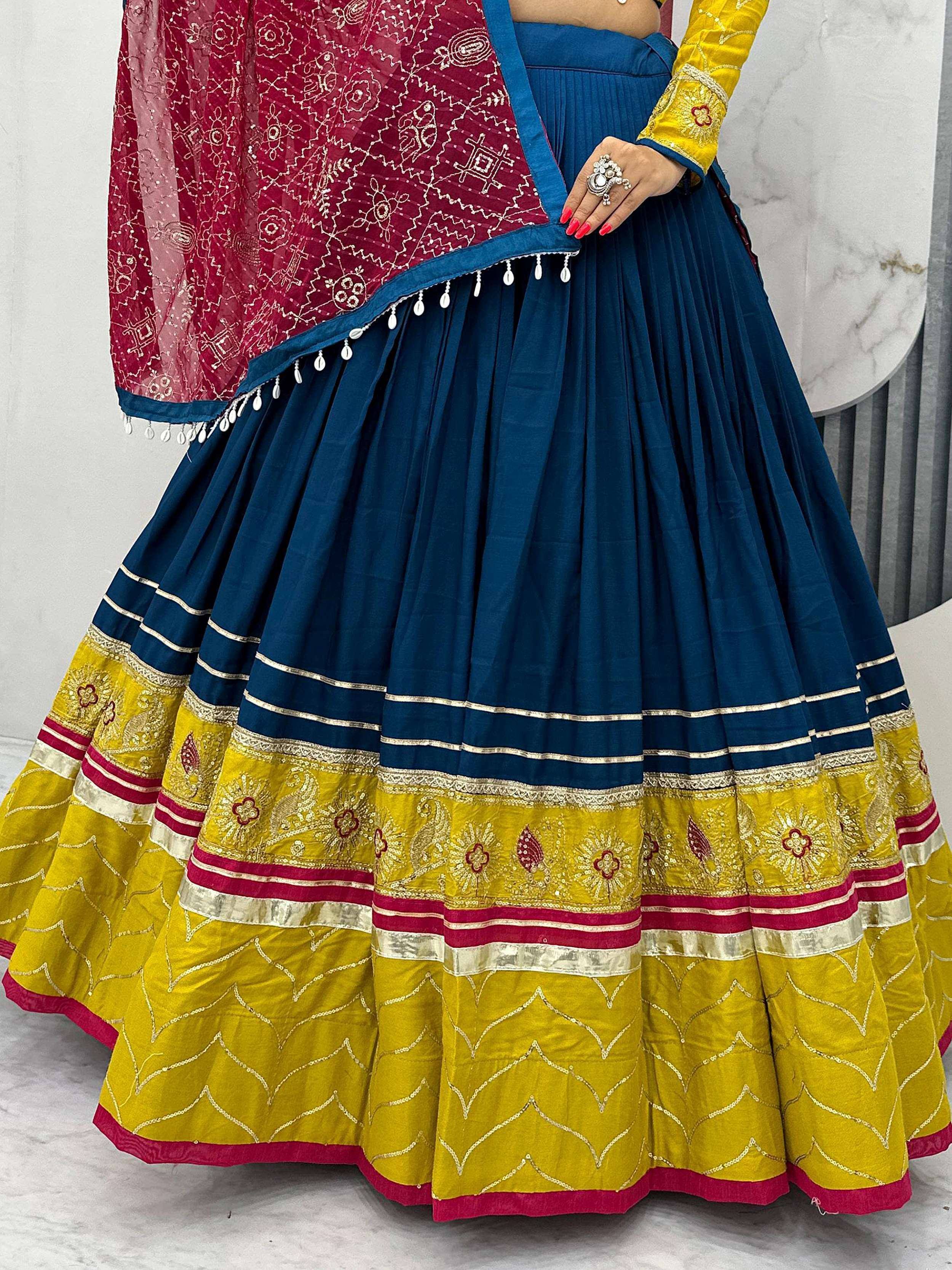 Blue and yellow embroidered lehenga choli with red dupatta, Indian ethnic wear for women
