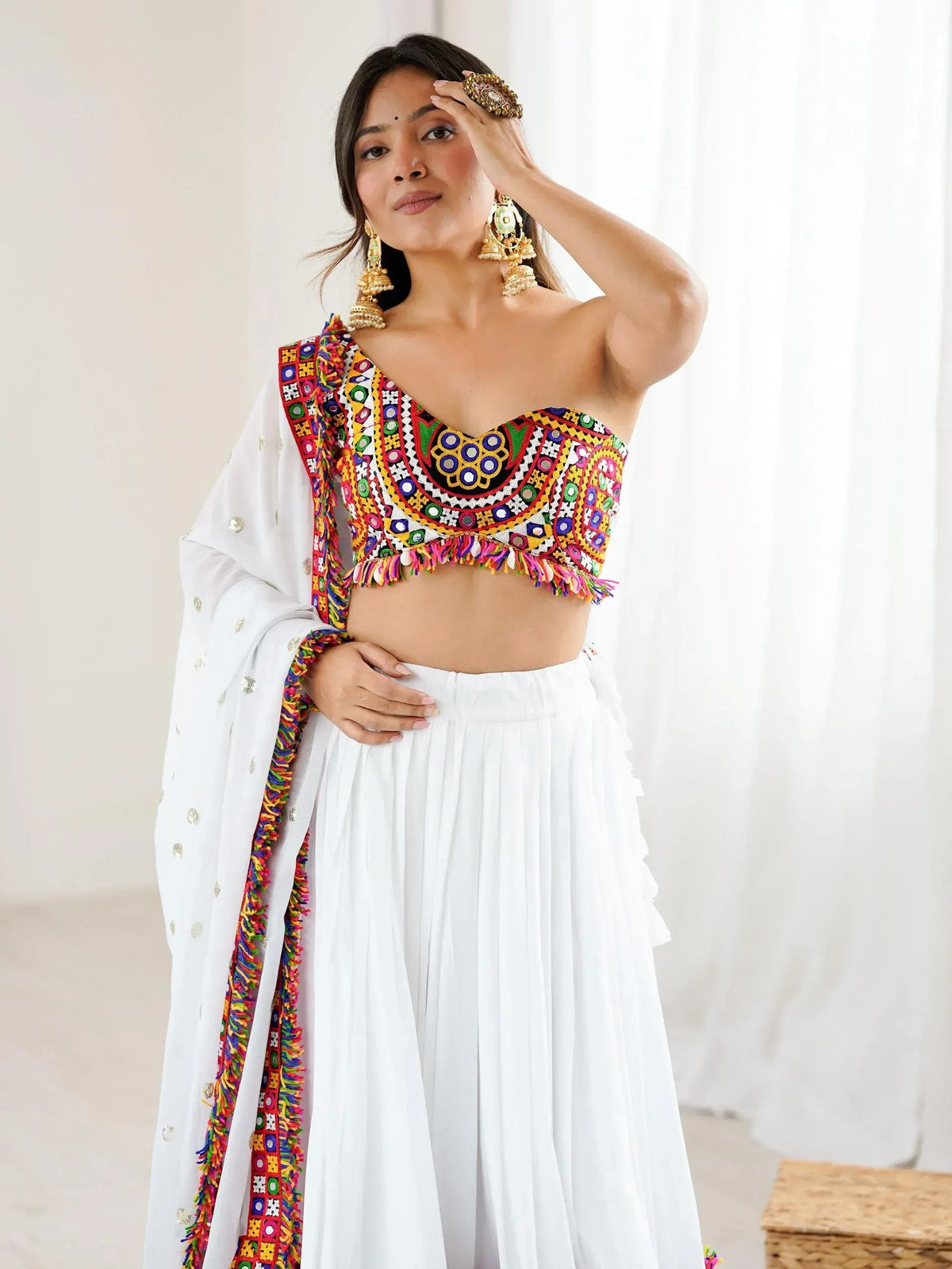 Colorful embroidered crop top with white palazzo and dupatta, Indian ethnic wear