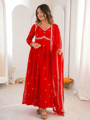Gorgeous Red Thread Embroidered Georgette Festive Wear Anarkali Suit