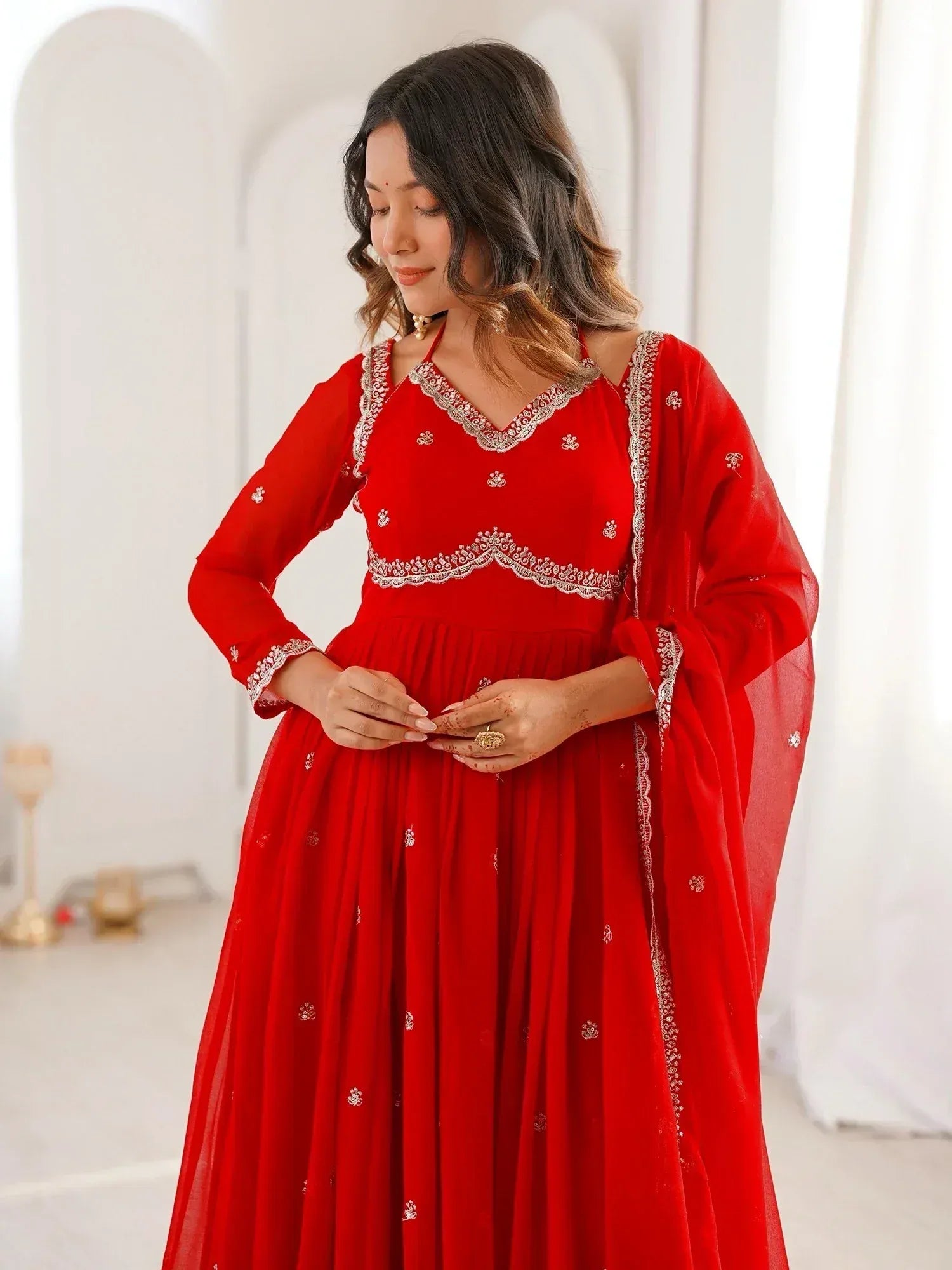 Gorgeous Red Thread Embroidered Georgette Festive Wear Anarkali Suit