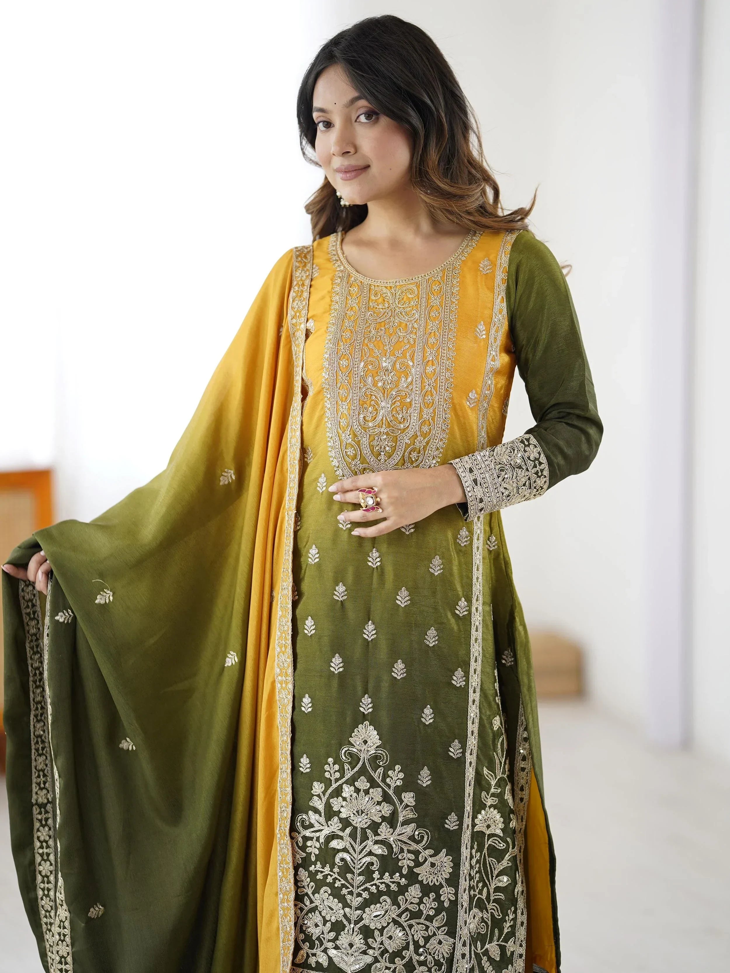 Stunning Yellow Thread Embroidered Chinon Festive Wear Sharara Suit
