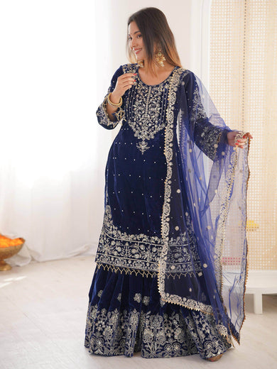 Lovely Blue Dori Work Velvet Festival Wear Sharara Suit With Dupatta