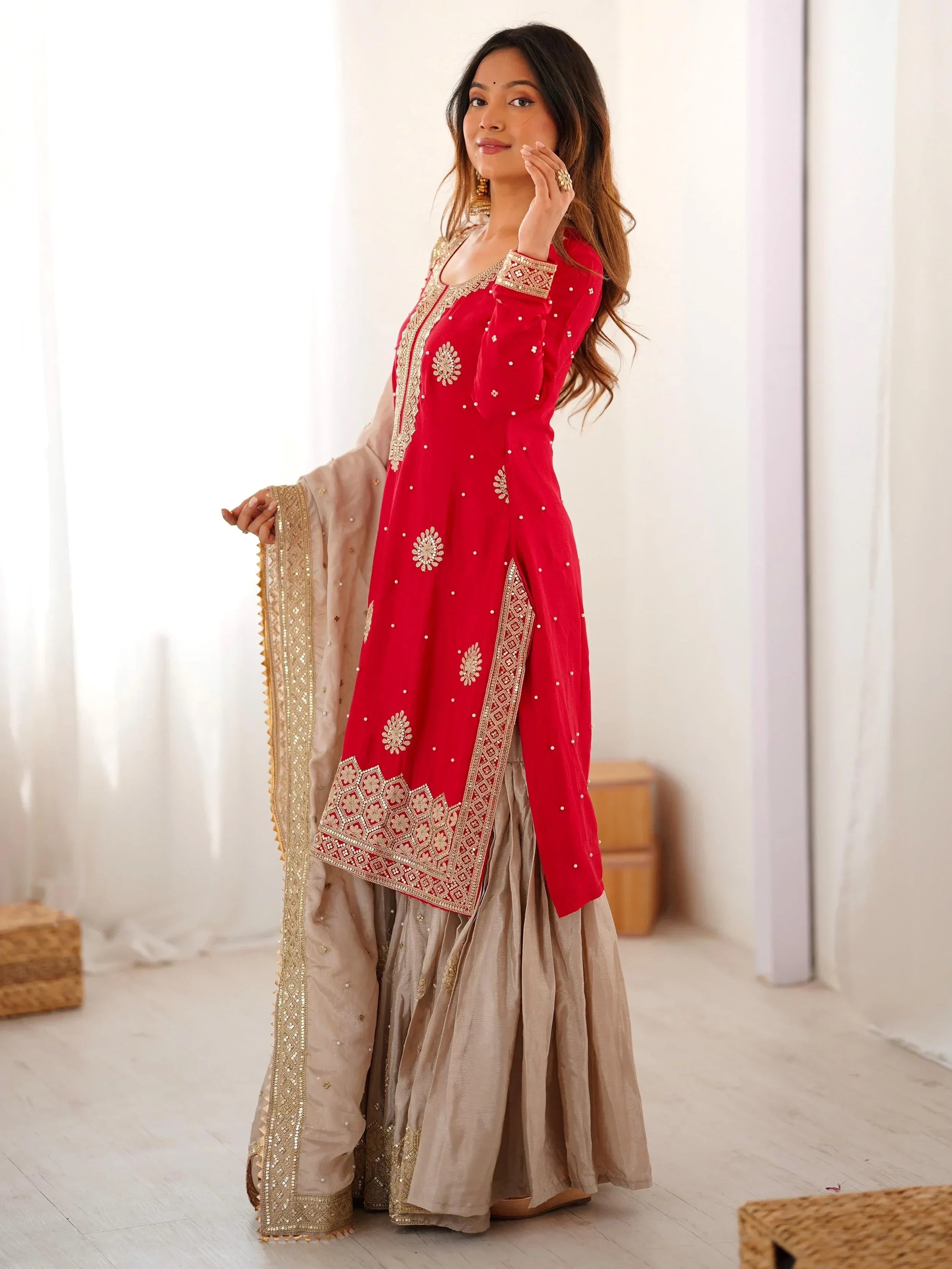 Gorgeous Red Embroidered Silk Festival Wear Sharara Suit With Dupatta