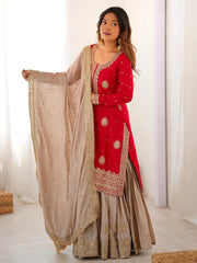 Gorgeous Red Embroidered Silk Festival Wear Sharara Suit With Dupatta