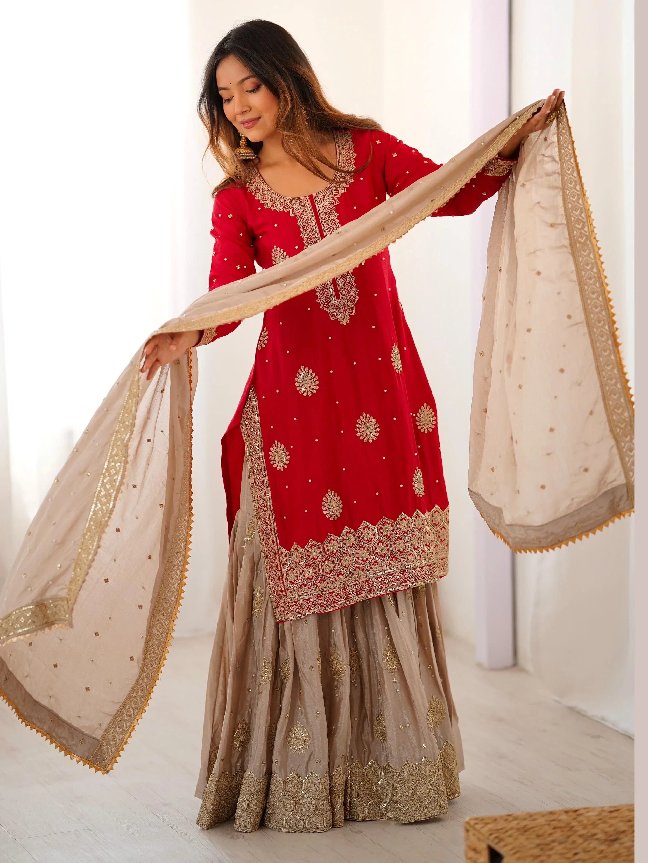 Gorgeous Red Embroidered Silk Festival Wear Sharara Suit With Dupatta