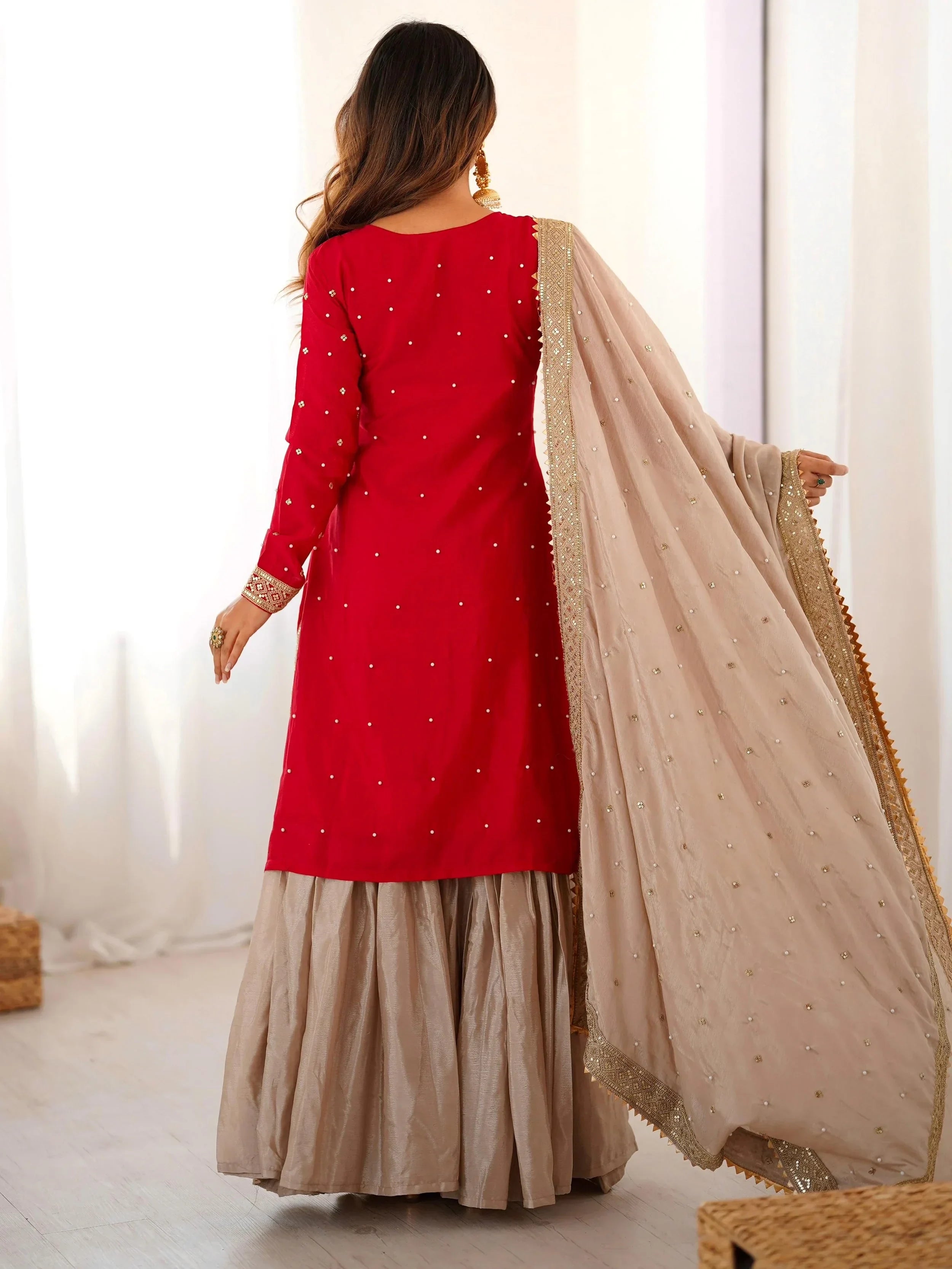 Gorgeous Red Embroidered Silk Festival Wear Sharara Suit With Dupatta