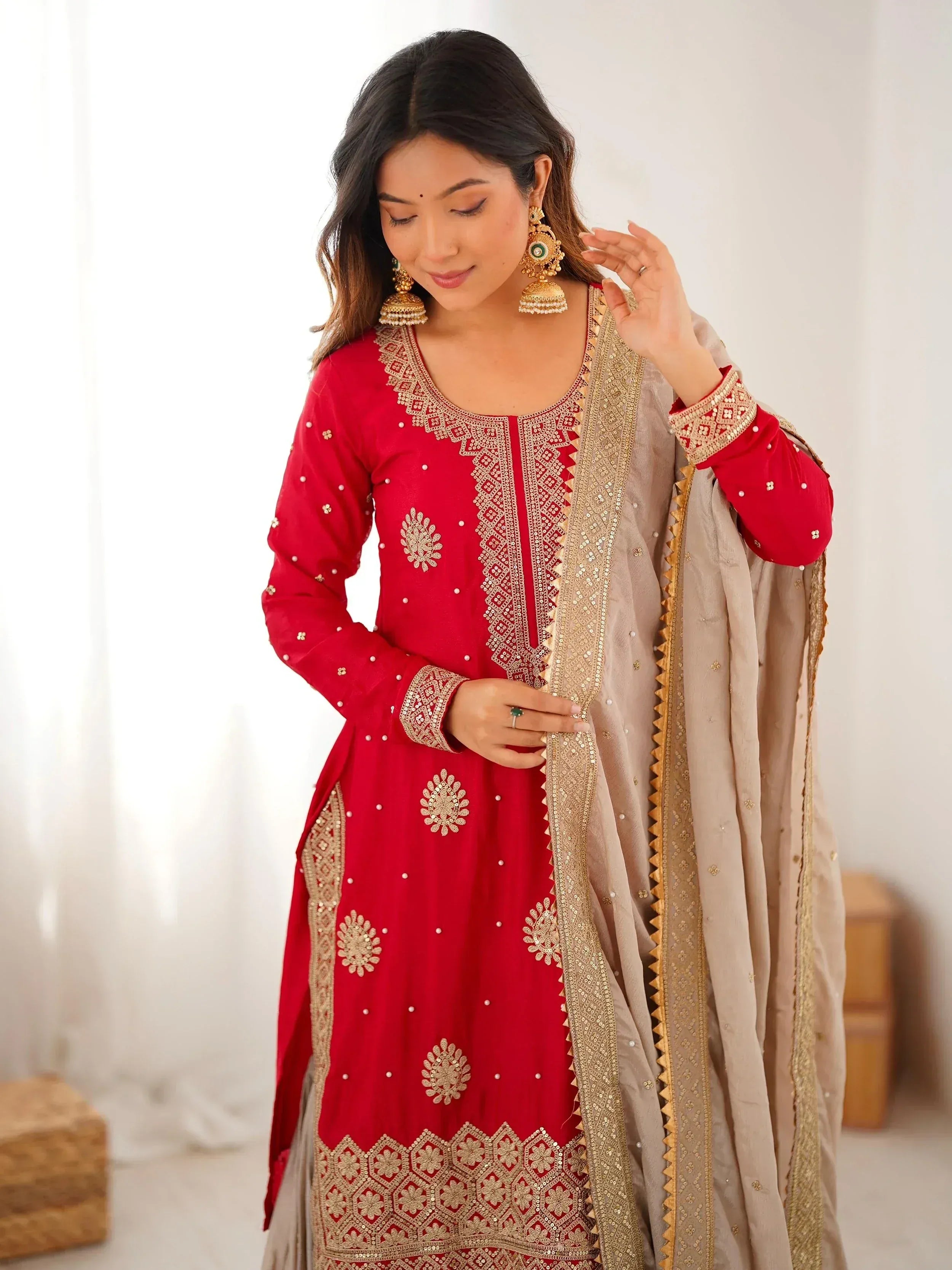 Gorgeous Red Embroidered Silk Festival Wear Sharara Suit With Dupatta