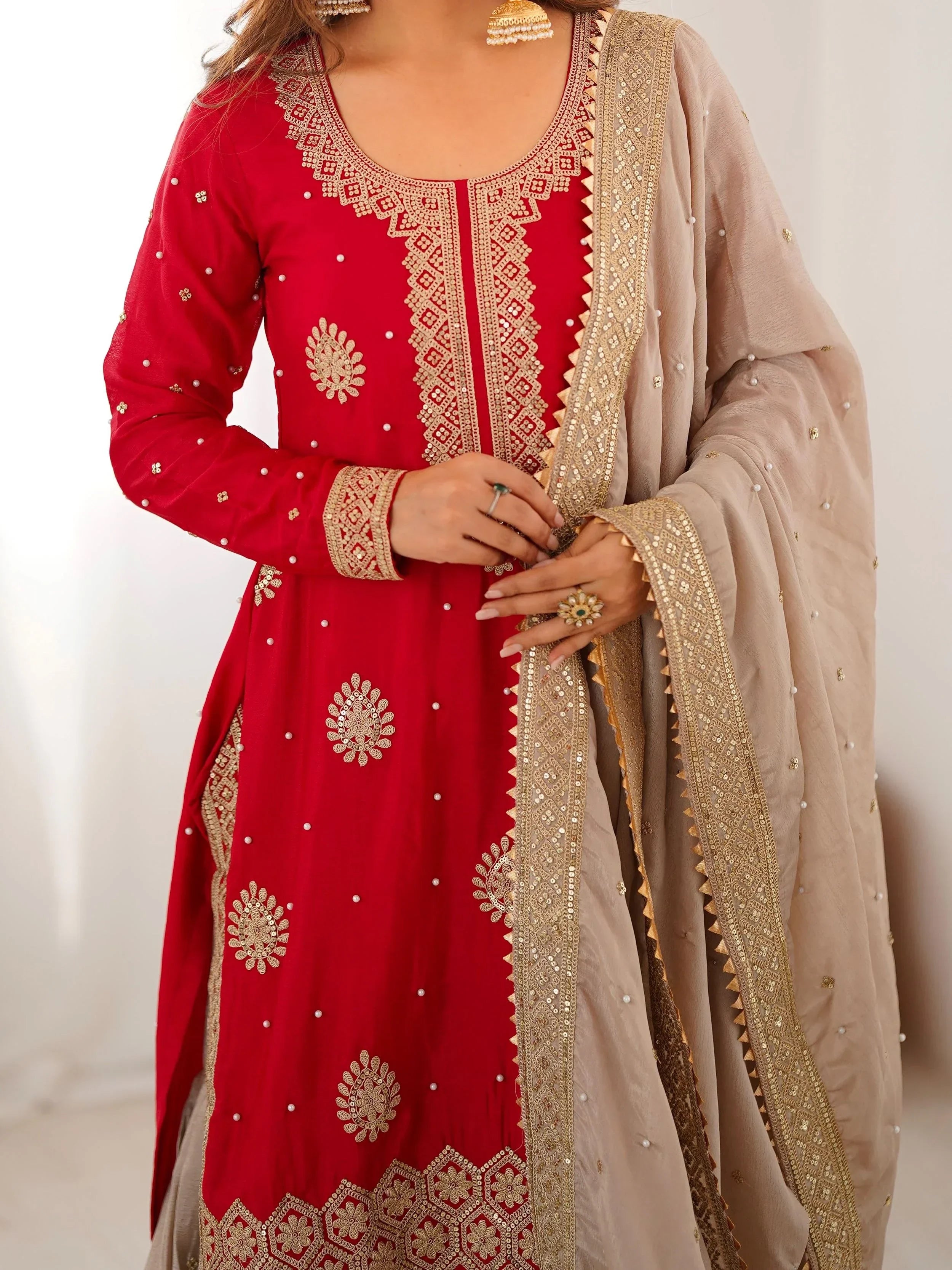 Gorgeous Red Embroidered Silk Festival Wear Sharara Suit With Dupatta