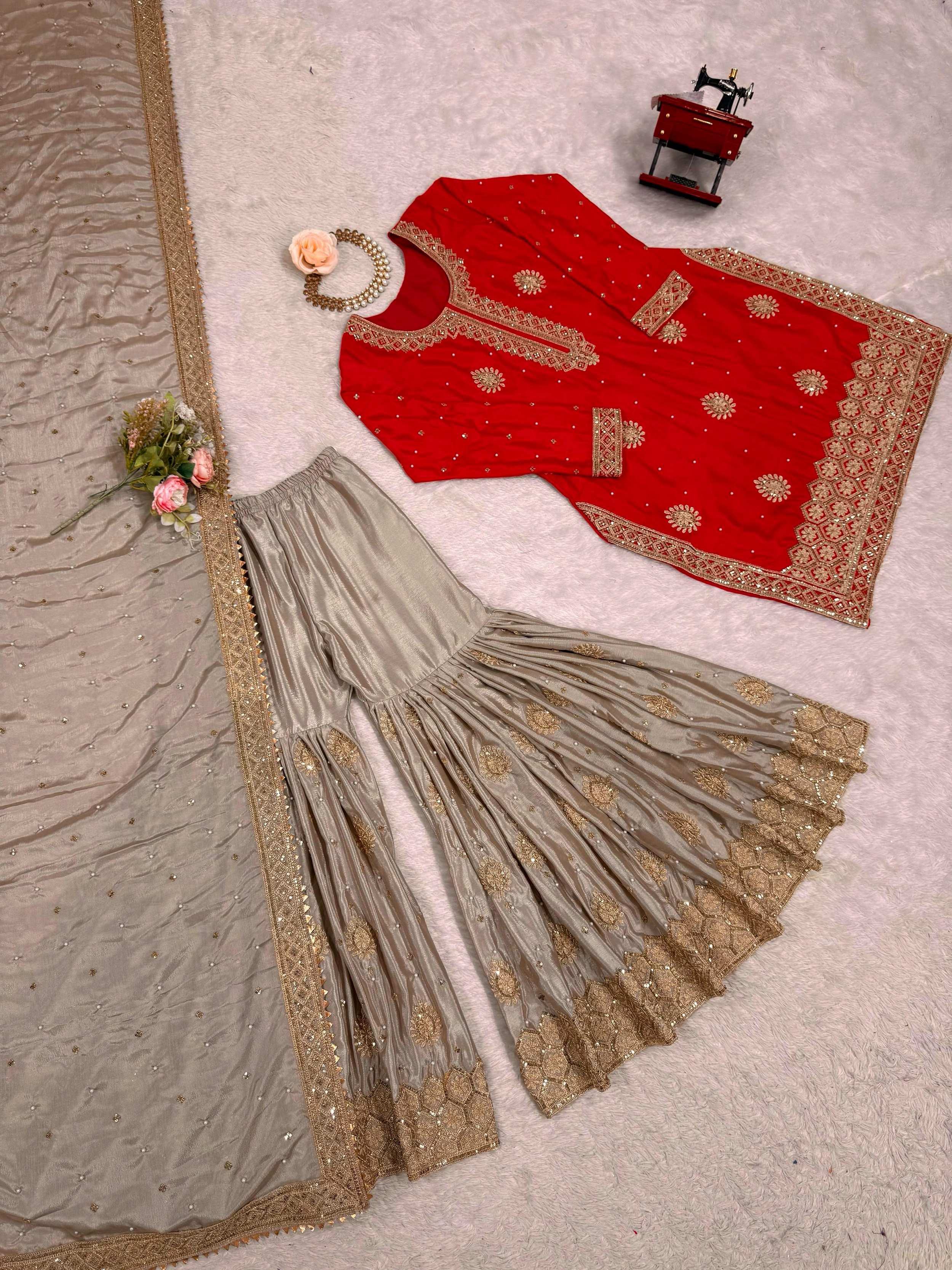 Gorgeous Red Embroidered Silk Festival Wear Sharara Suit With Dupatta