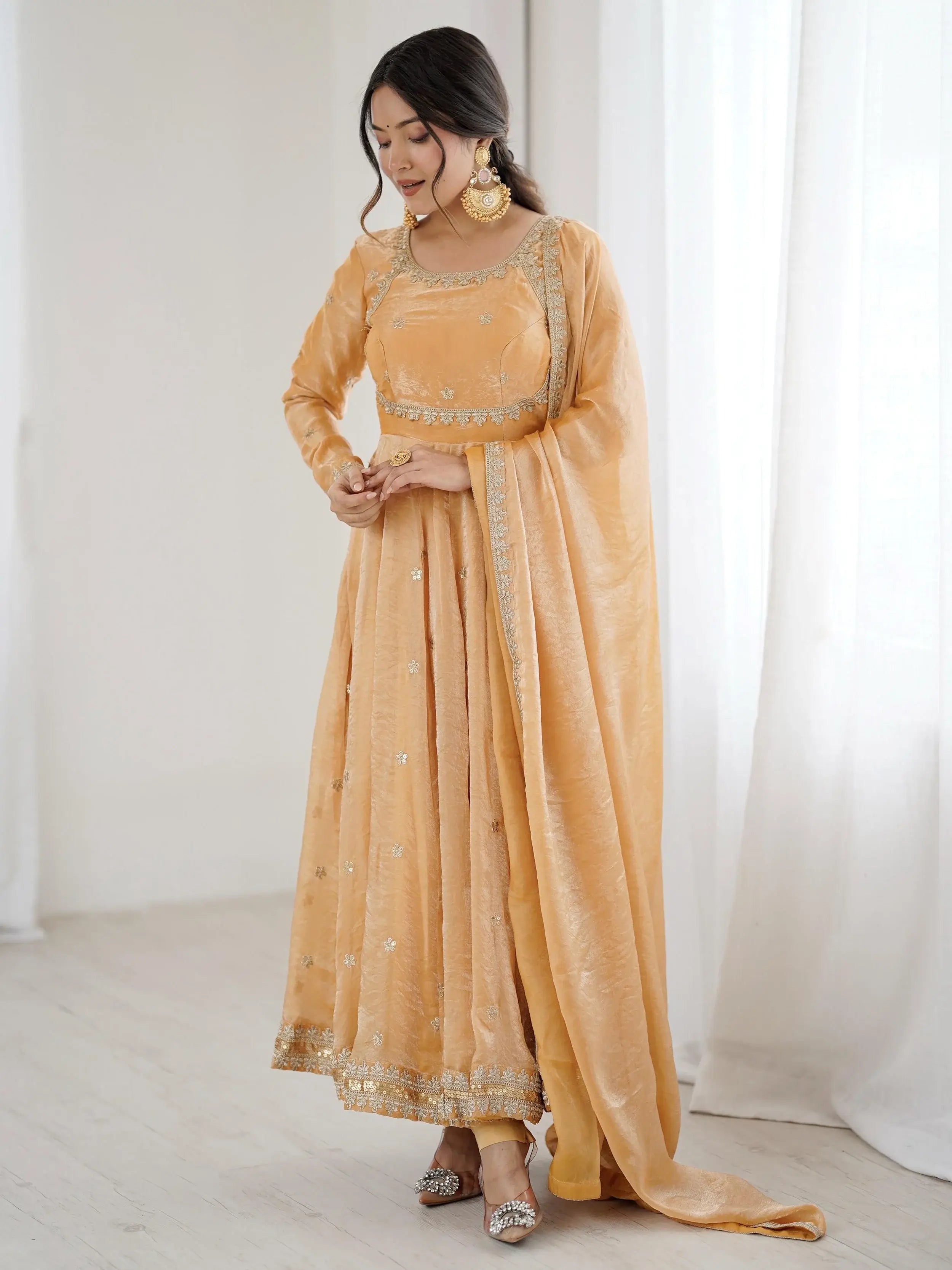 Elegant Beige Embroidered Silk Festive Wear Gown With Dupatta