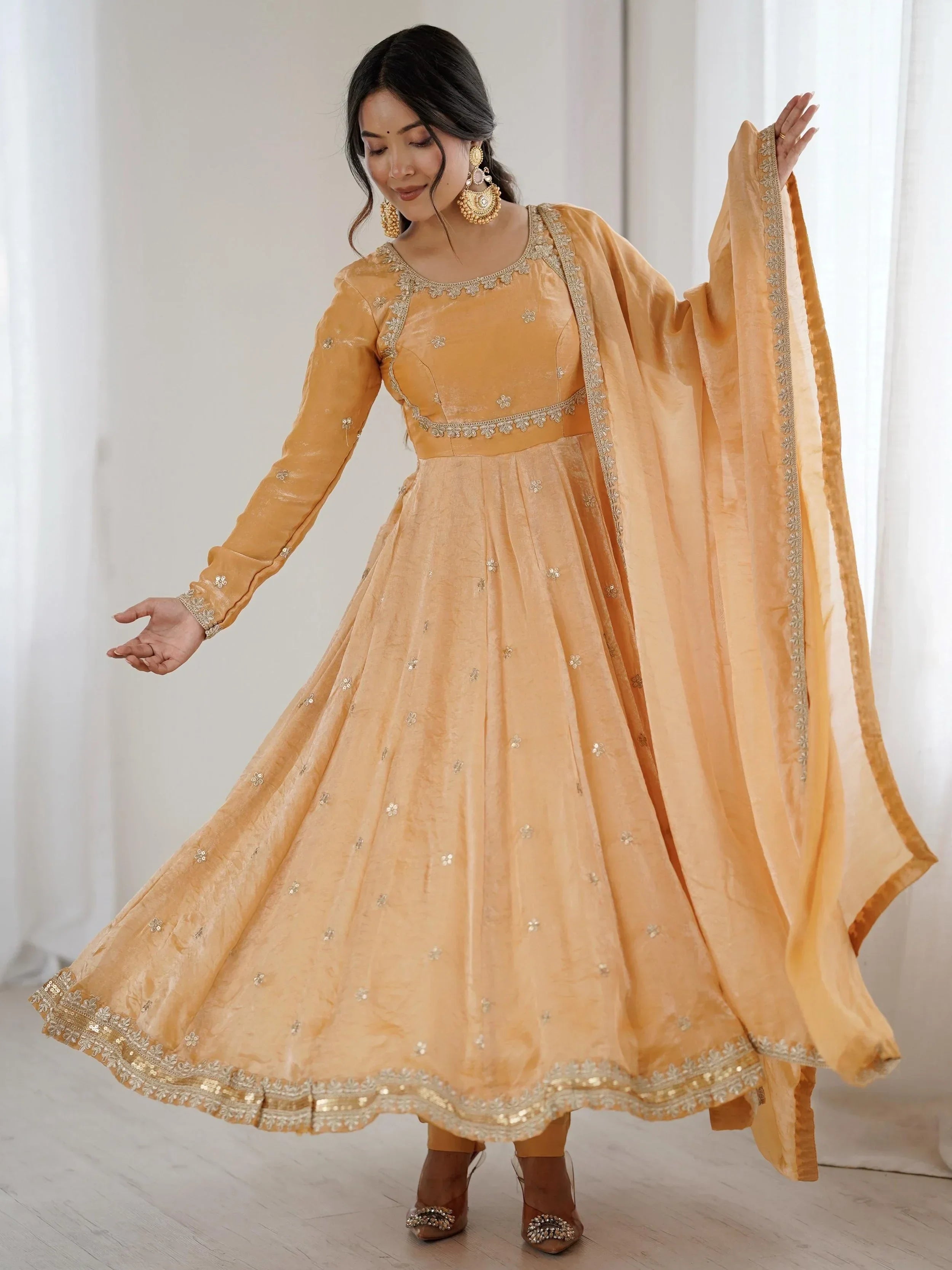 Elegant Beige Embroidered Silk Festive Wear Gown With Dupatta