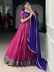 Precious Pink Zari Weaving Silk Festive Wear Gown With Dupatta