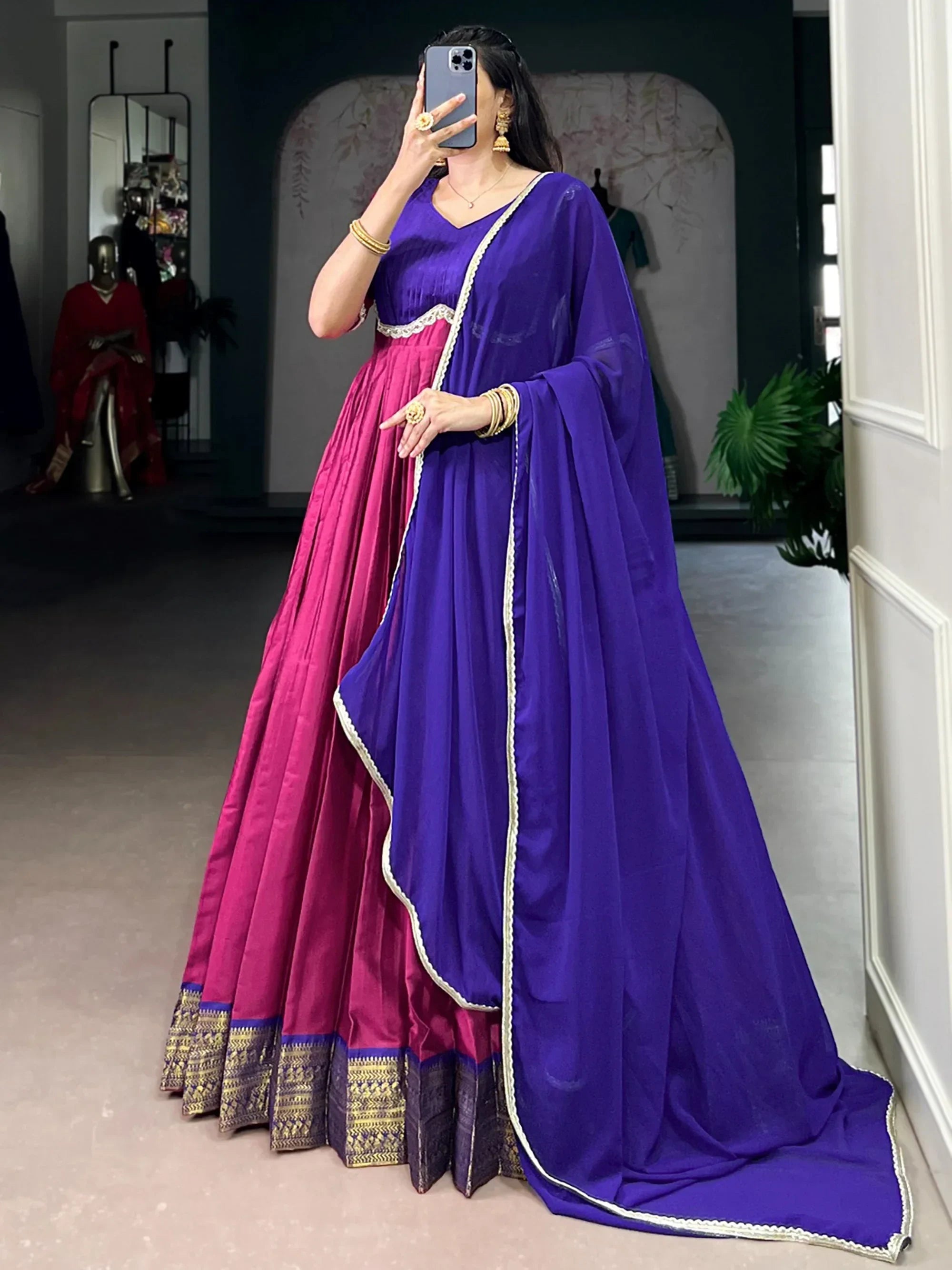 Precious Pink Zari Weaving Silk Festive Wear Gown With Dupatta