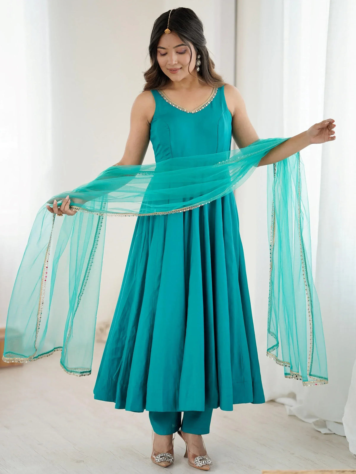 Teal designer anarkali suit with matching dupatta, ethnic Indian wear for women