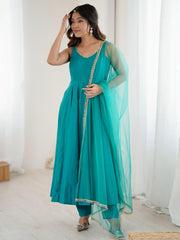Dazzling Green Lace Work Silk Festive Wear Anarkali Suit