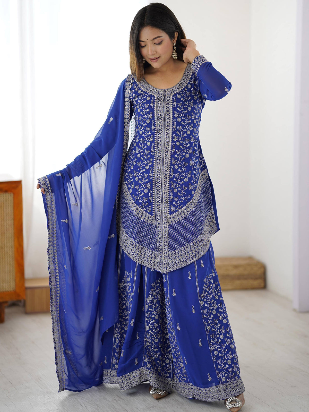 Royal blue embroidered salwar kameez with matching dupatta, perfect for Indian ethnic occasions