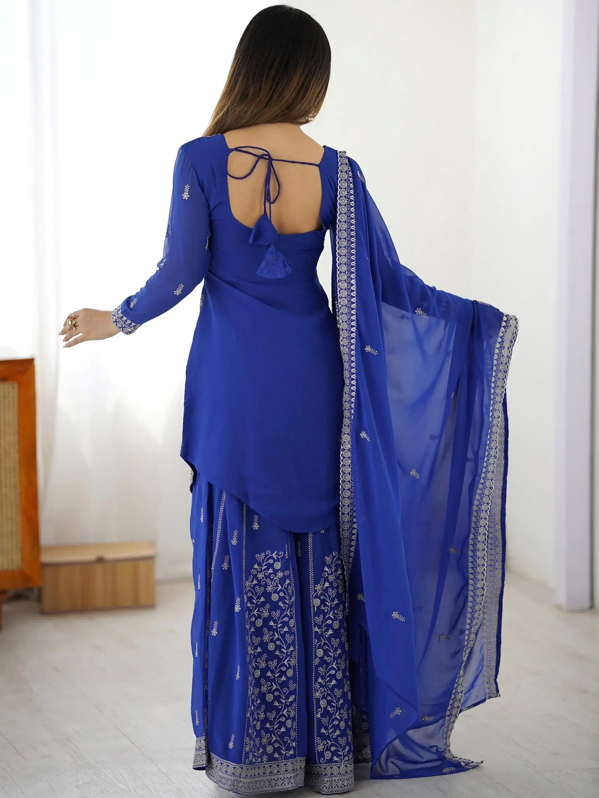 Royal blue embroidered salwar kameez with back tie-up and matching dupatta, Indian ethnic wear