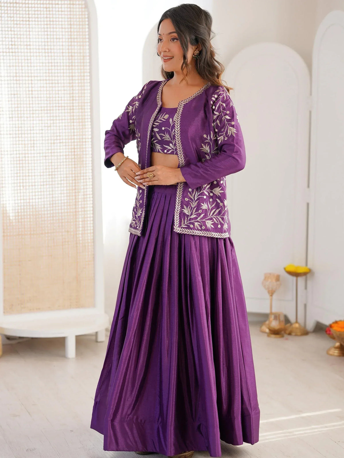 Purple embroidered lehenga choli with floral zari work, perfect for Indian ethnic occasions