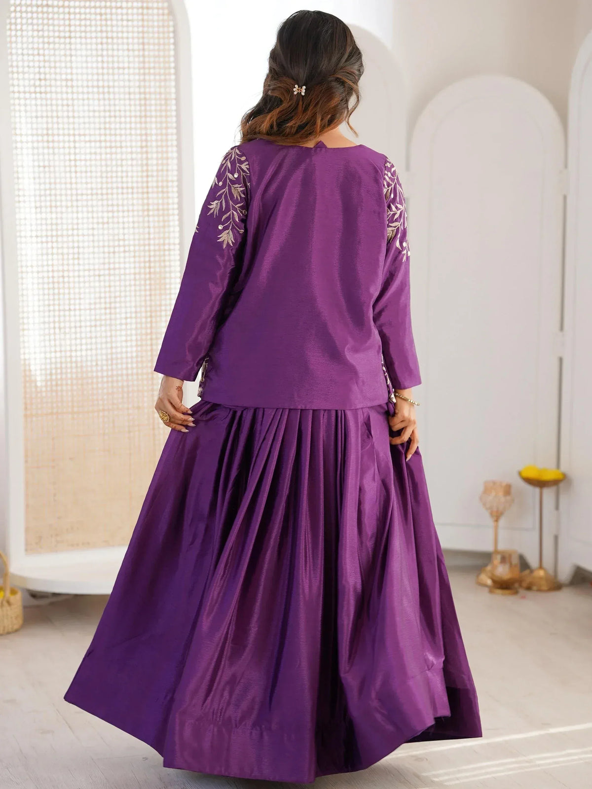 Purple ethnic gown with gold embroidery, back view, Indian designer wear