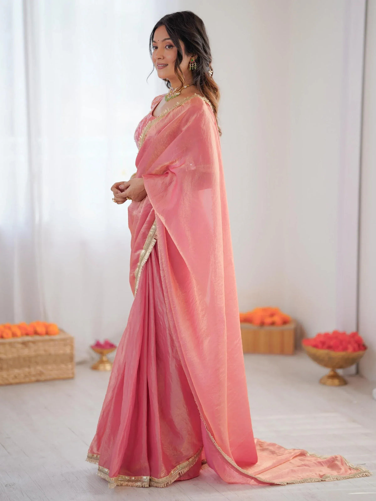 Outstanding Peach Lace Border Silk Party Wear Saree With Blouse