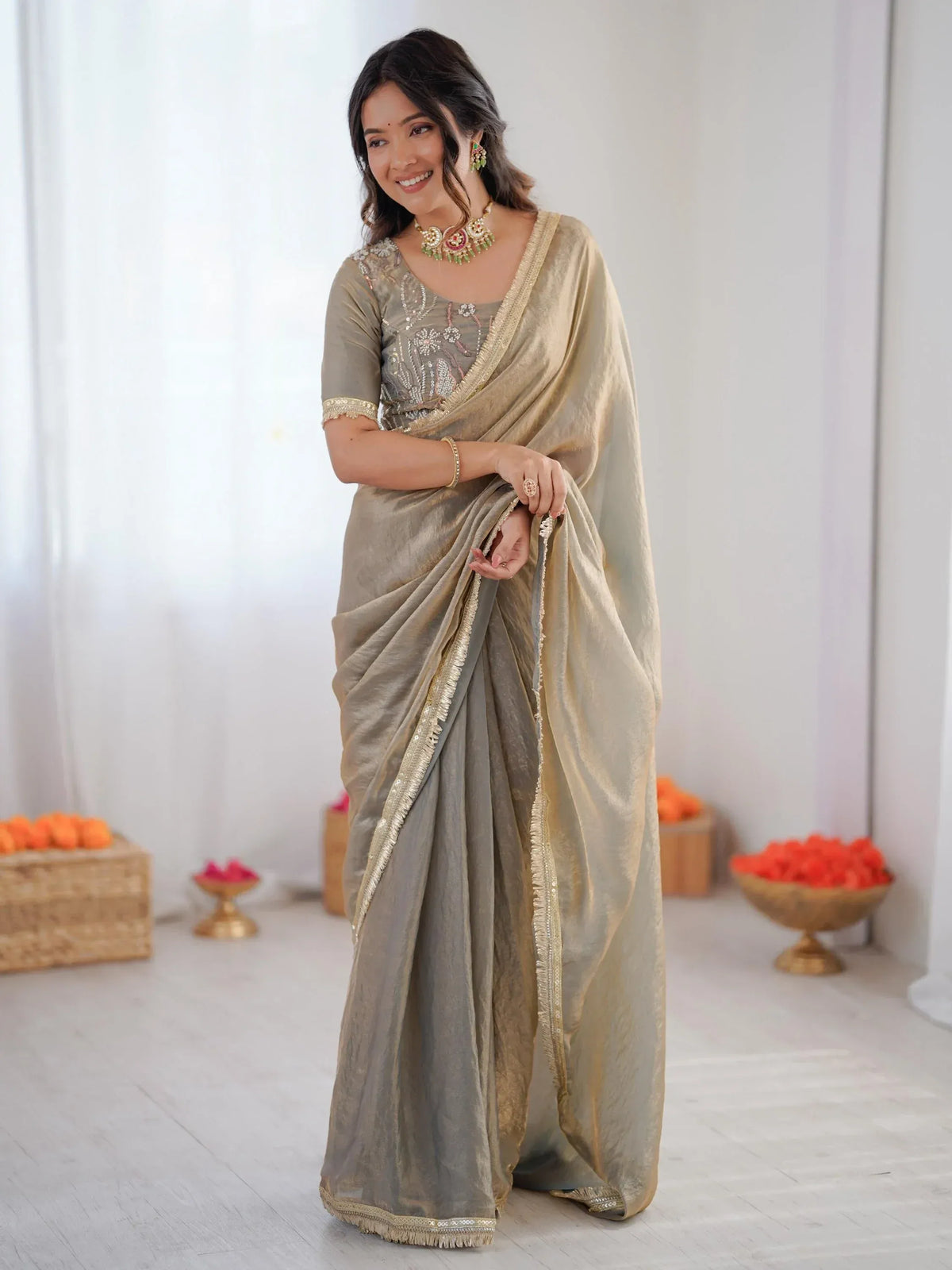 Stylish Gray Bead Work Silk Function Wear Saree With Blouse