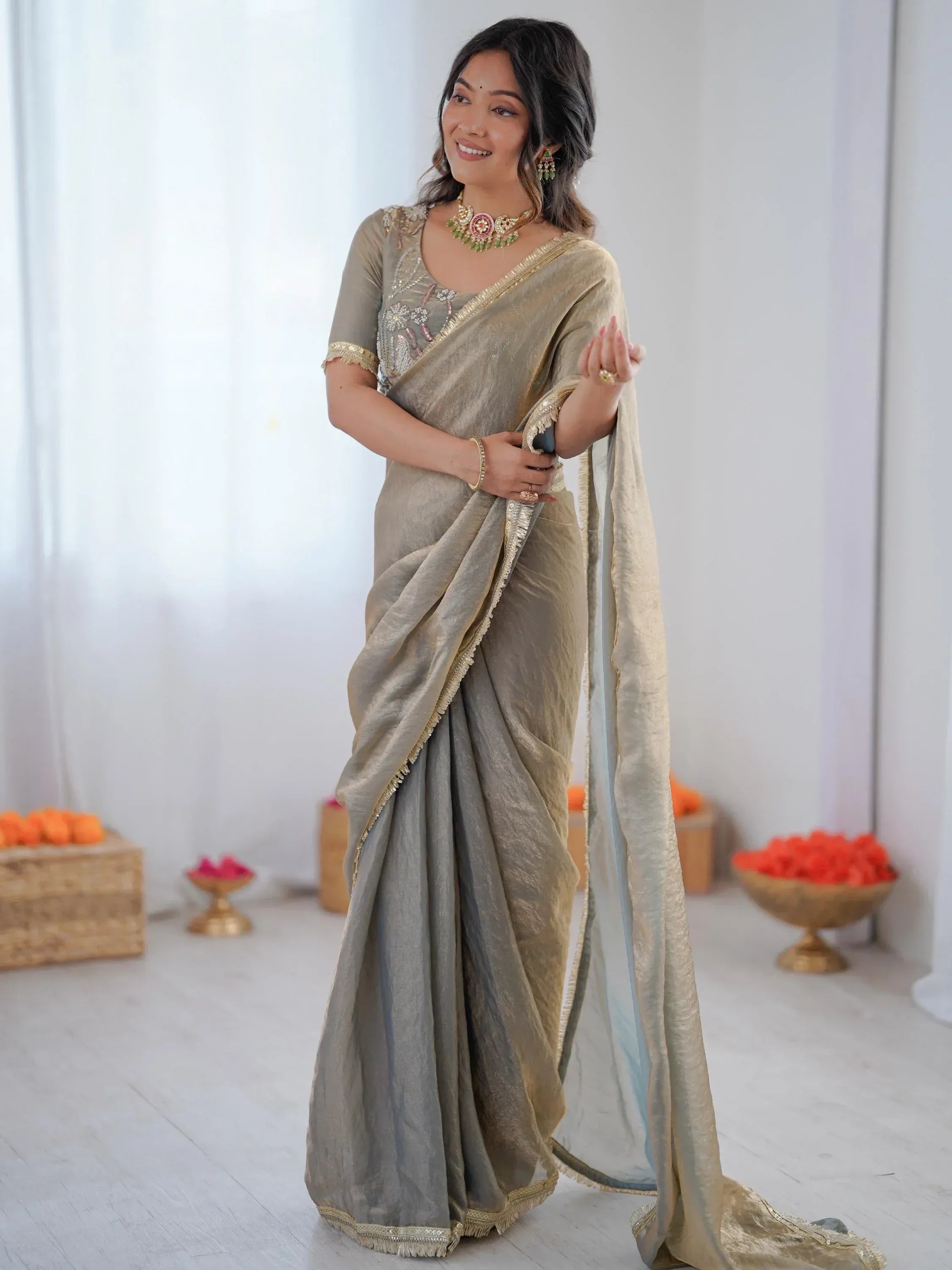 Stylish Gray Bead Work Silk Function Wear Saree With Blouse