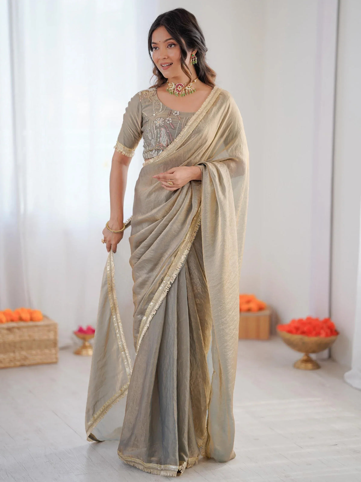 Stylish Gray Bead Work Silk Function Wear Saree With Blouse