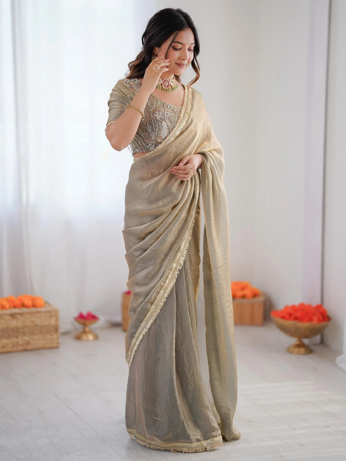 Stylish Gray Bead Work Silk Function Wear Saree With Blouse