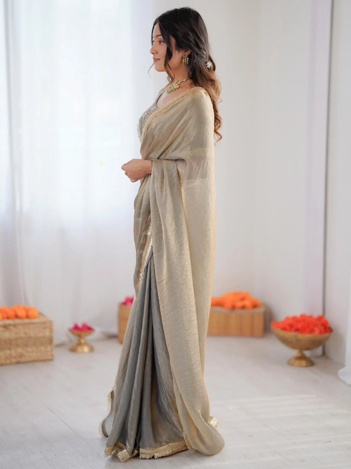Stylish Gray Bead Work Silk Function Wear Saree With Blouse