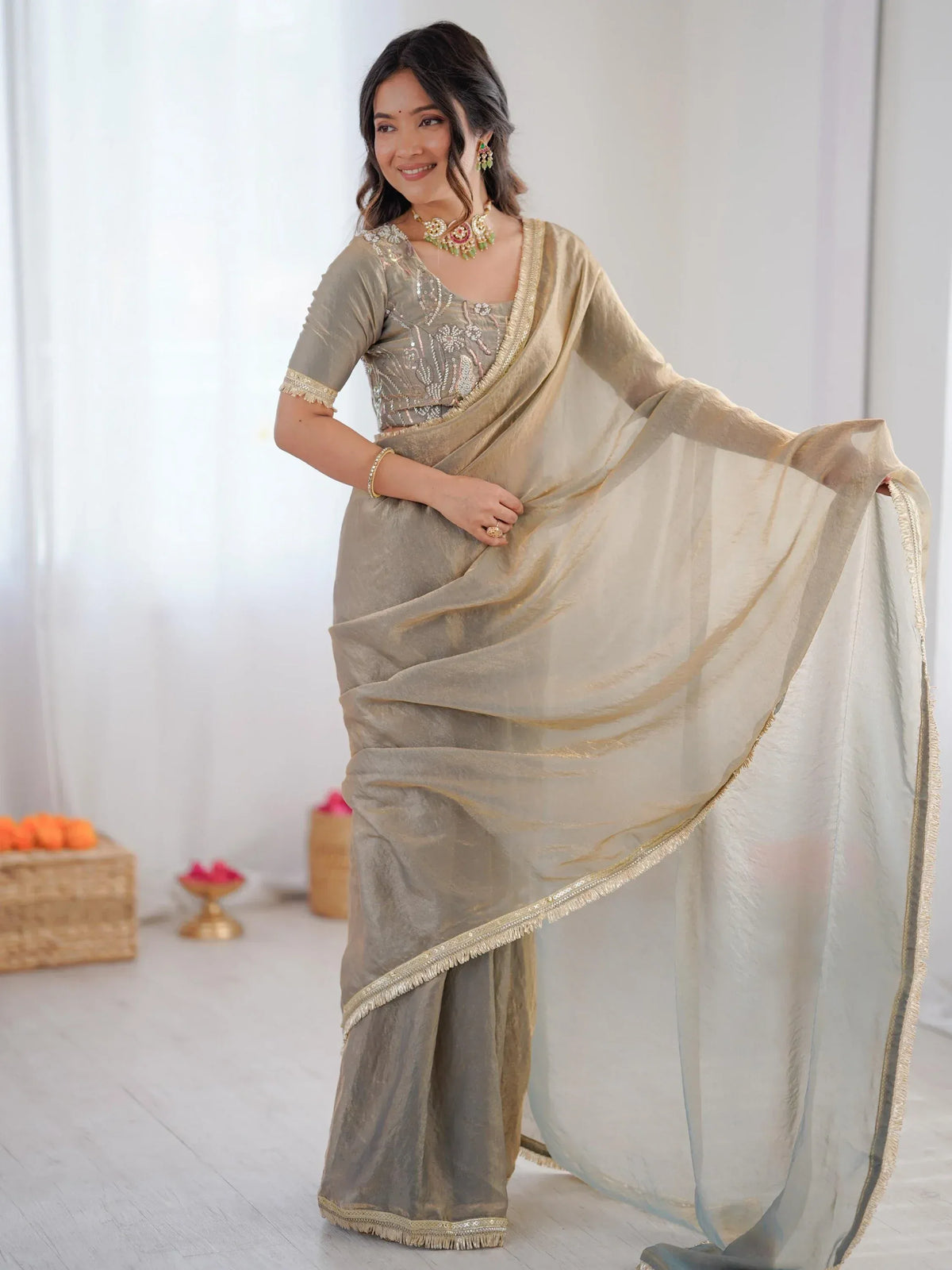 Stylish Gray Bead Work Silk Function Wear Saree With Blouse